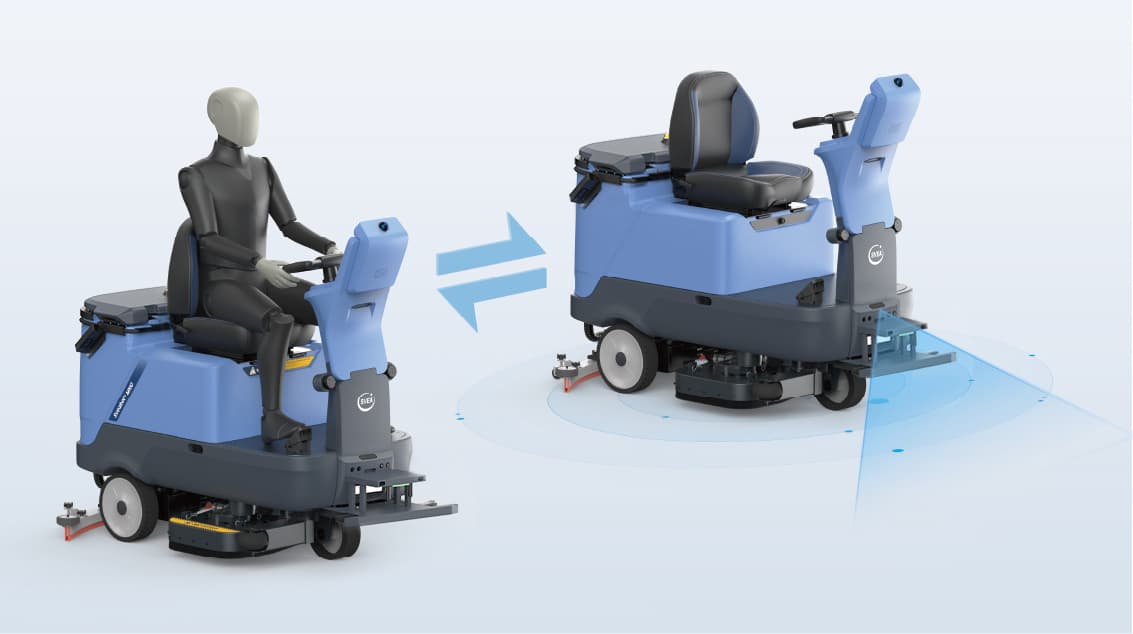 Sveabot M100E im Aufsitzbetrieb mit sitzendem Bediener und im autonomen Betrieb ohne Bediener
