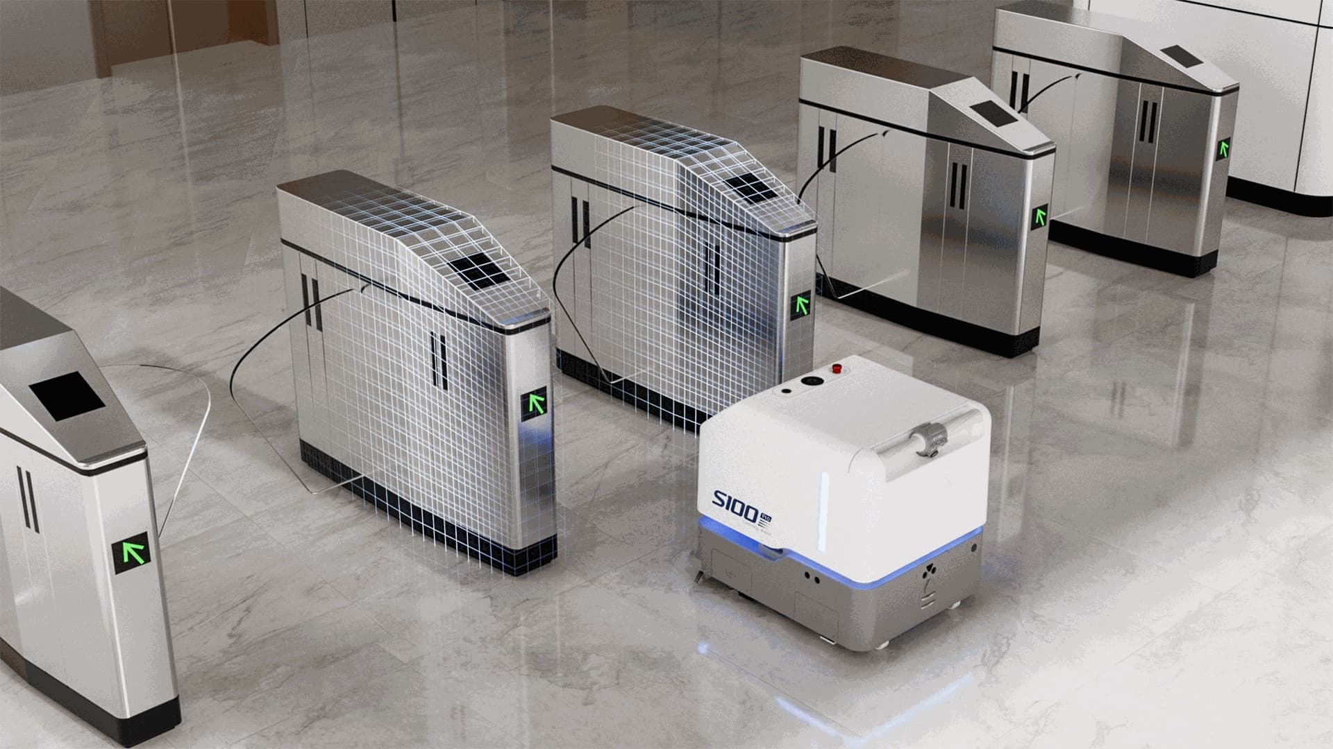 Sveabot S100 Pro M przejeżdżający przez automatyczne bramki