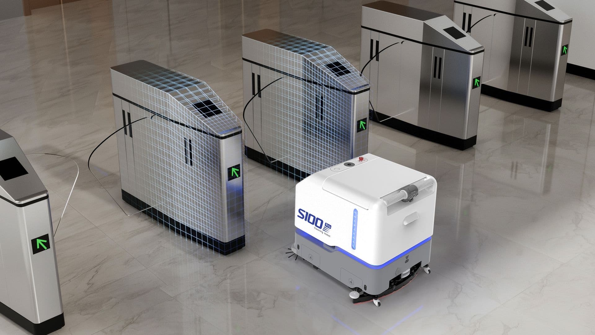 Sveabot S100 Pro R franchissant des portillons d’accès automatiques
