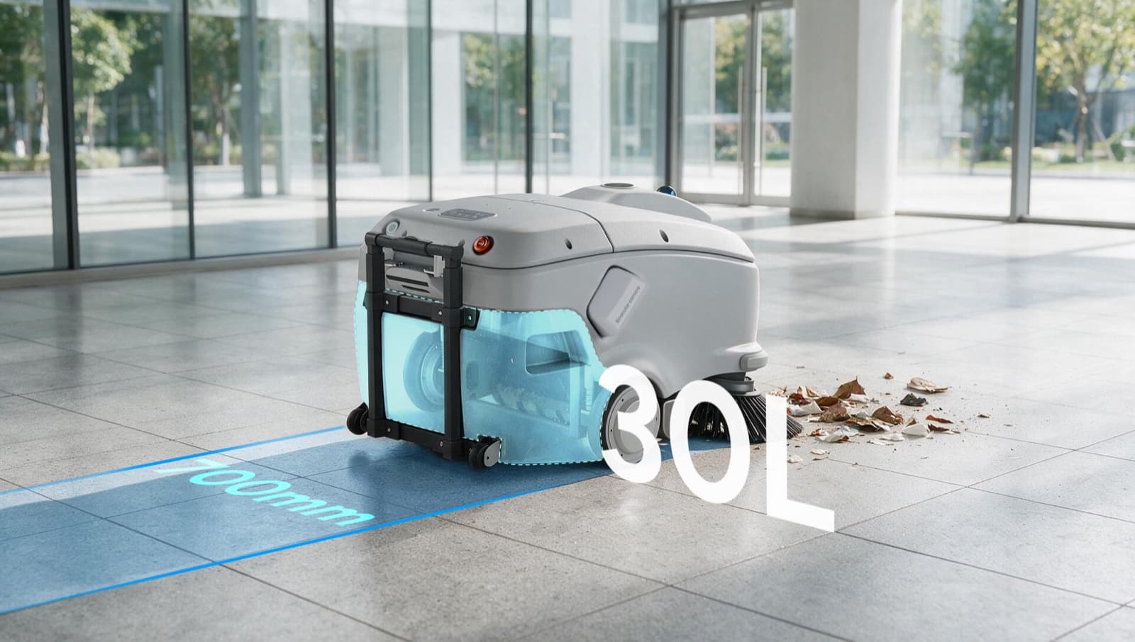 Sveabot V100 con su depósito de residuos de 30 L y la franja de barrido de 700 mm marcada