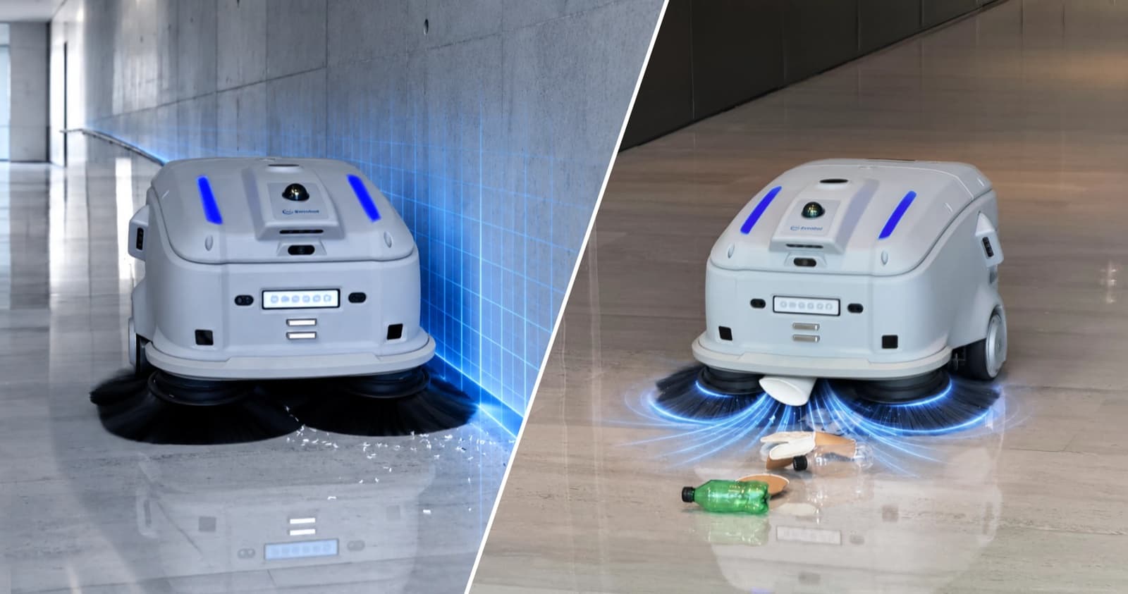 Sveabot V100 barriendo junto a una pared y atrayendo un vaso de papel y botellas entre sus cepillos laterales