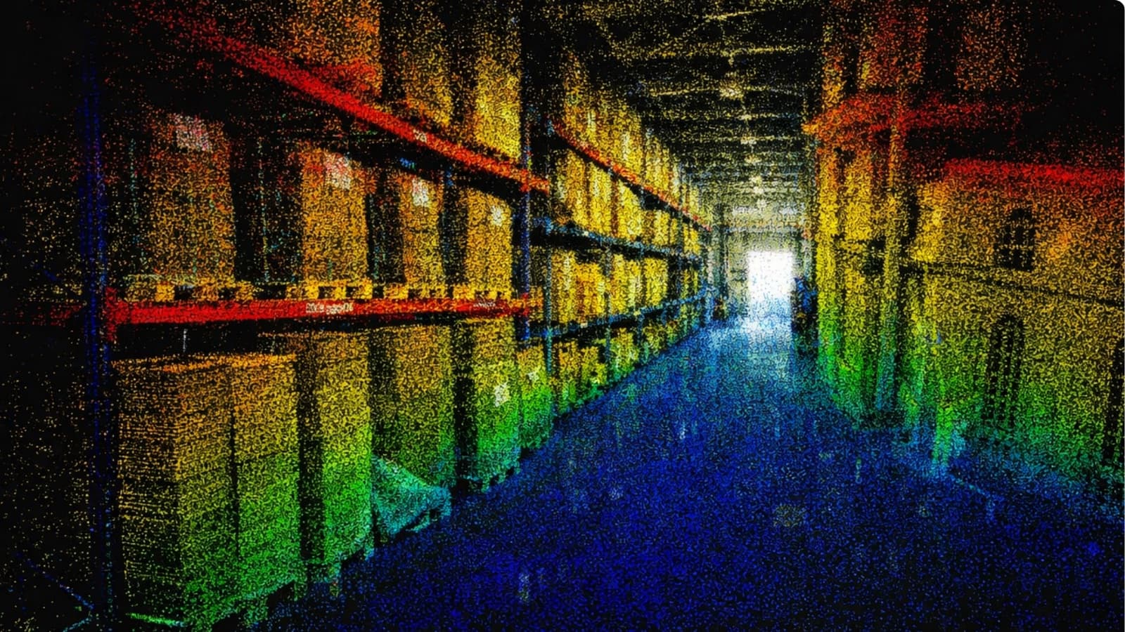 Pasillo de almacén en la nube de puntos del 3D LiDAR, tal como lo percibe el V100