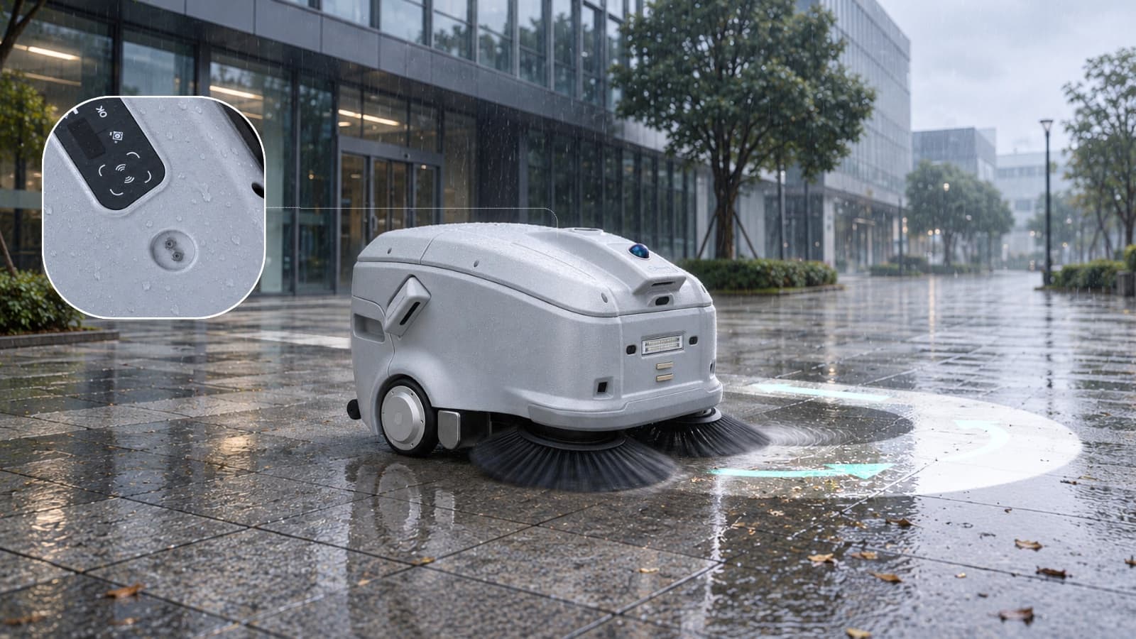 Sveabot V100 dando la vuelta en una plaza empapada por la lluvia