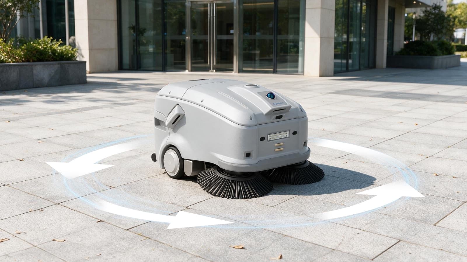 Sveabot V100 girando sobre sí mismo en una plaza pavimentada