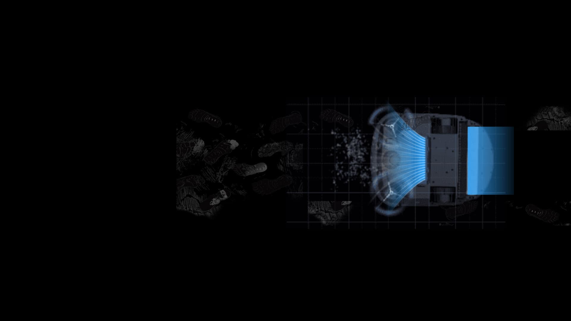 Sensor-view visualisation of the robot sweeping, vacuuming and mopping debris