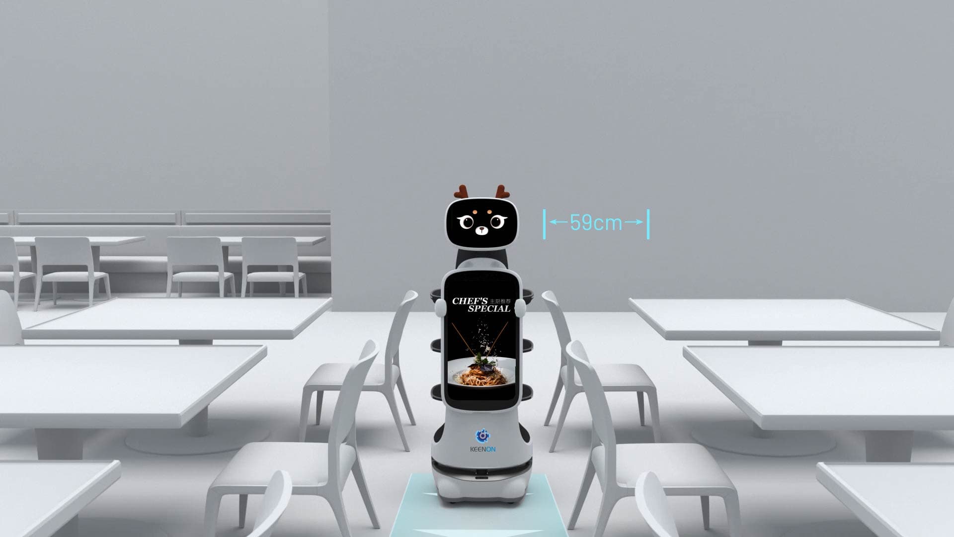 T10 passing between restaurant chairs with 59 cm passage annotation