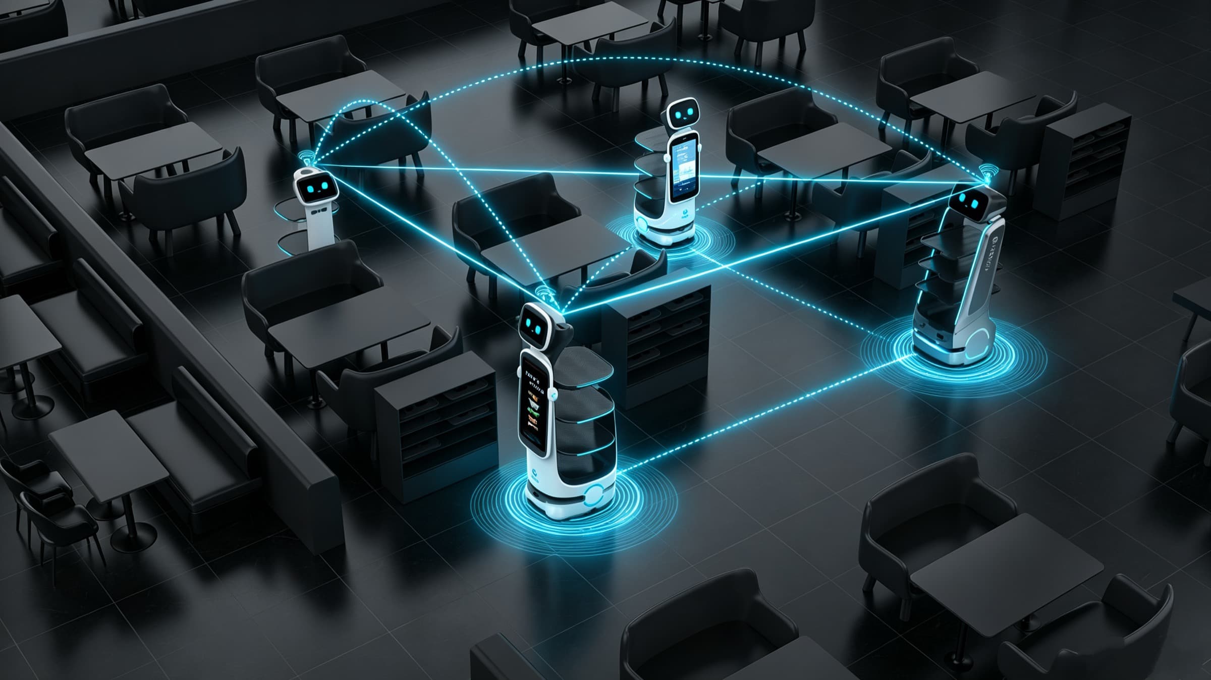 Mixed fleet of KEENON robots coordinated across a restaurant floor