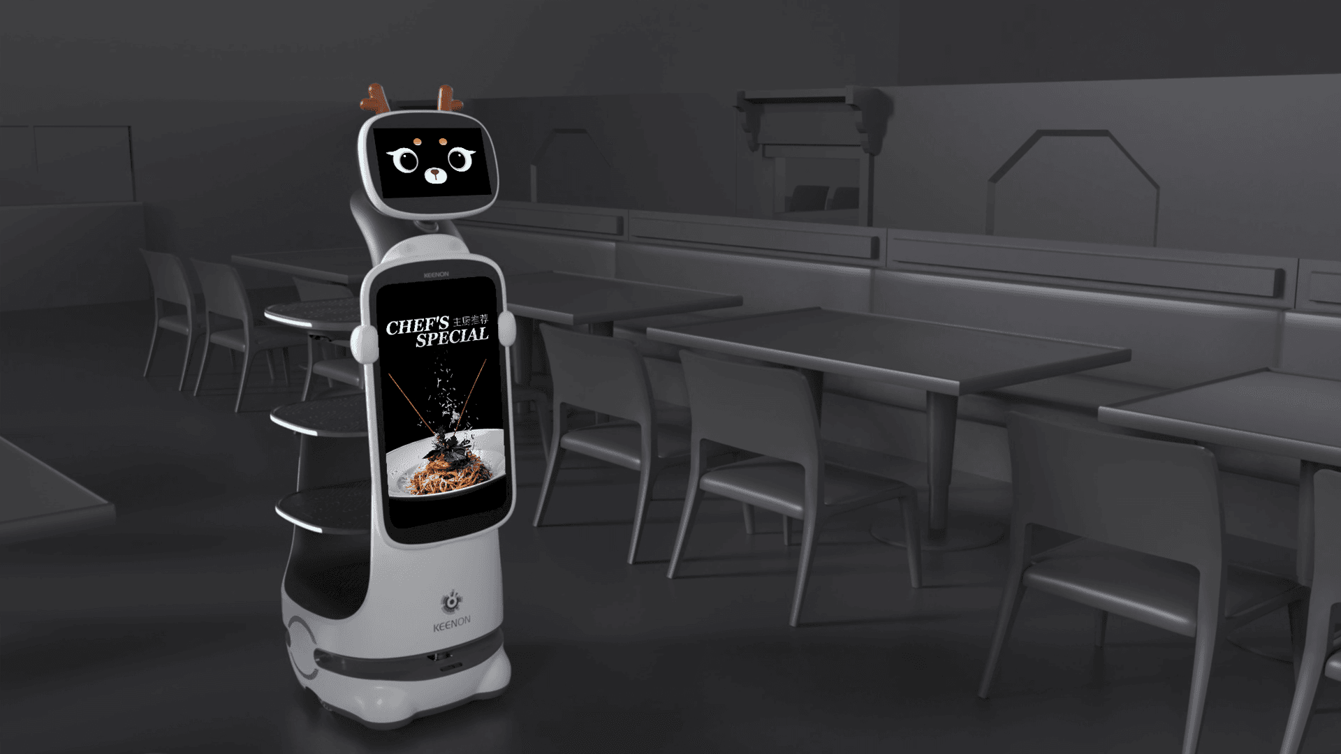 T10 with deer accessory navigating a rendered restaurant map