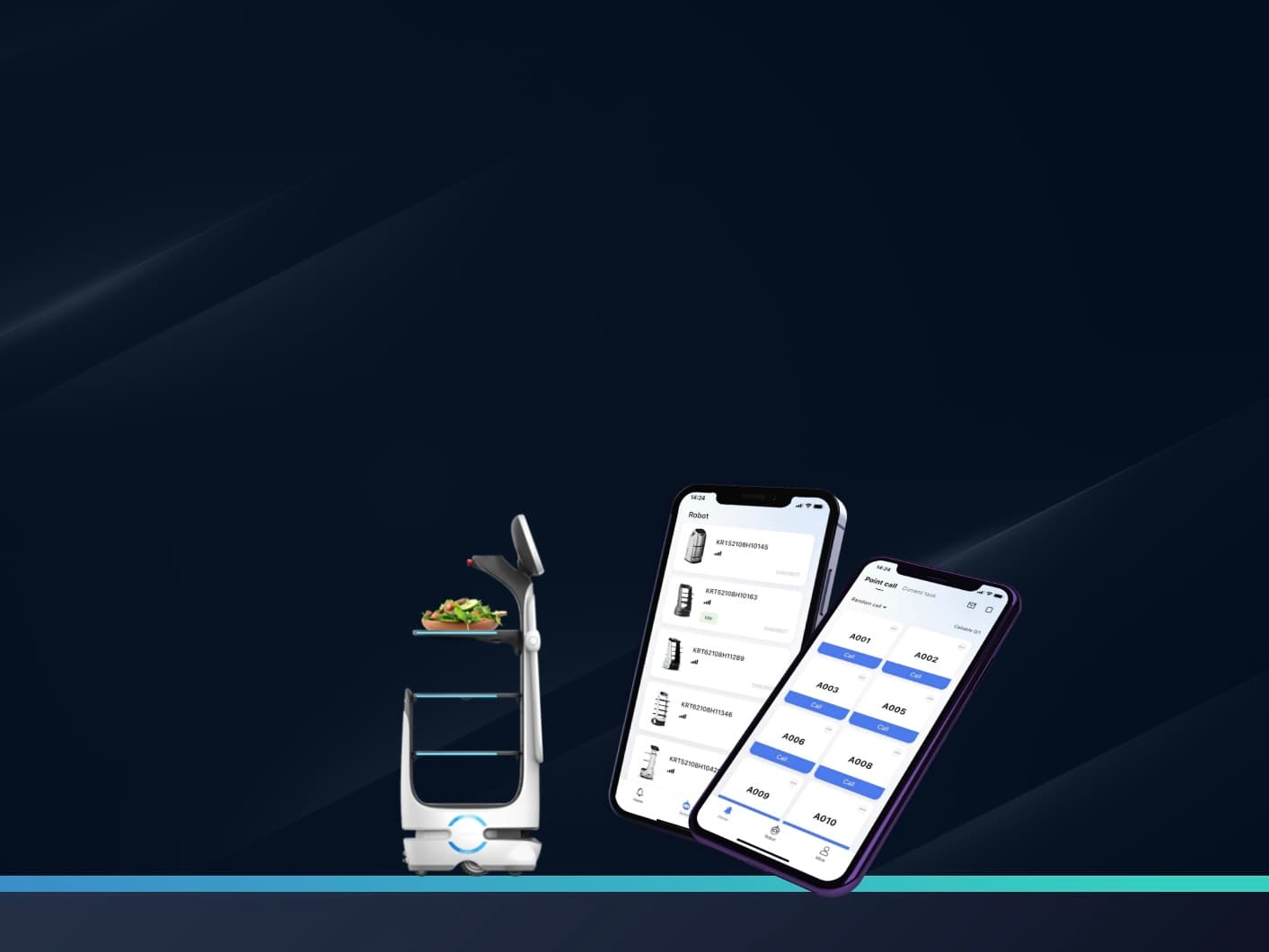 T10 beside smartphone app screens for robot tracking and calls