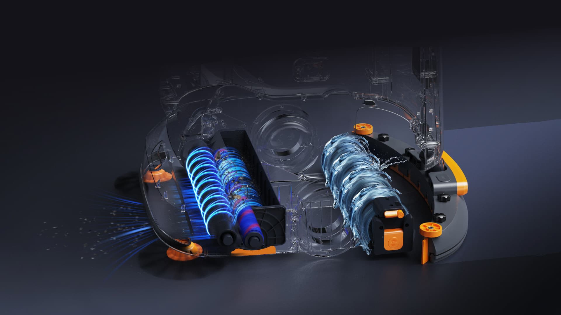 Cutaway of triple-roller brush system separating dry and wet waste