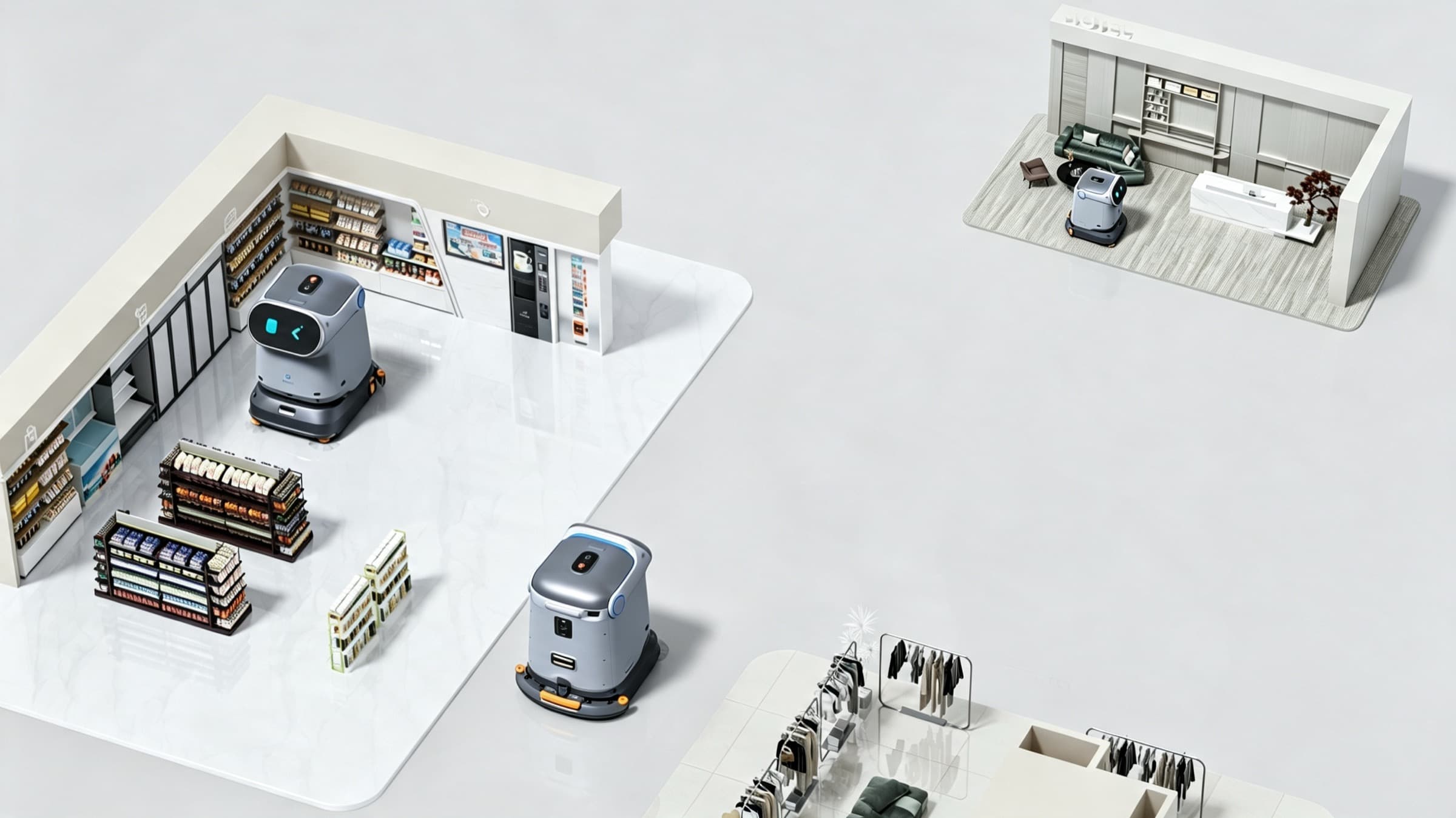 Isometric retail and hotel scenes with C40 cleaning robots