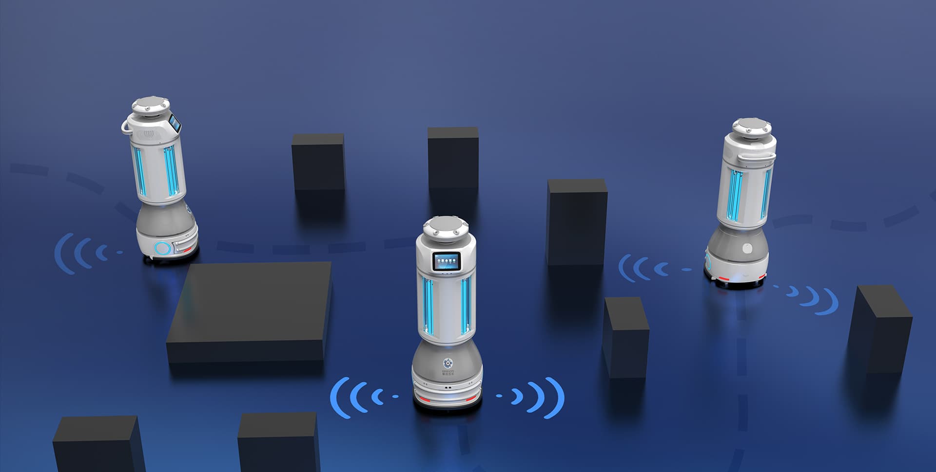 Three M2 robots coordinating routes, multi-robot collaboration render