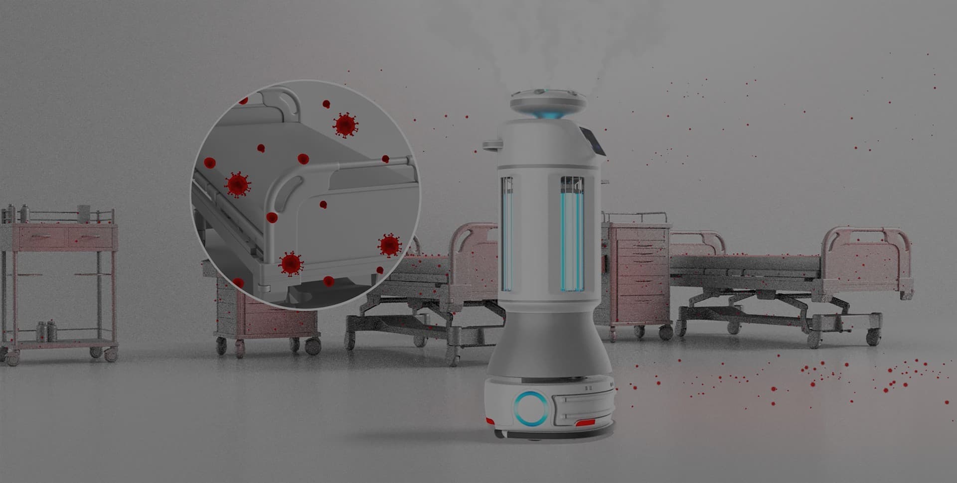 M2 spraying dry mist between hospital beds, pathogen visualisation
