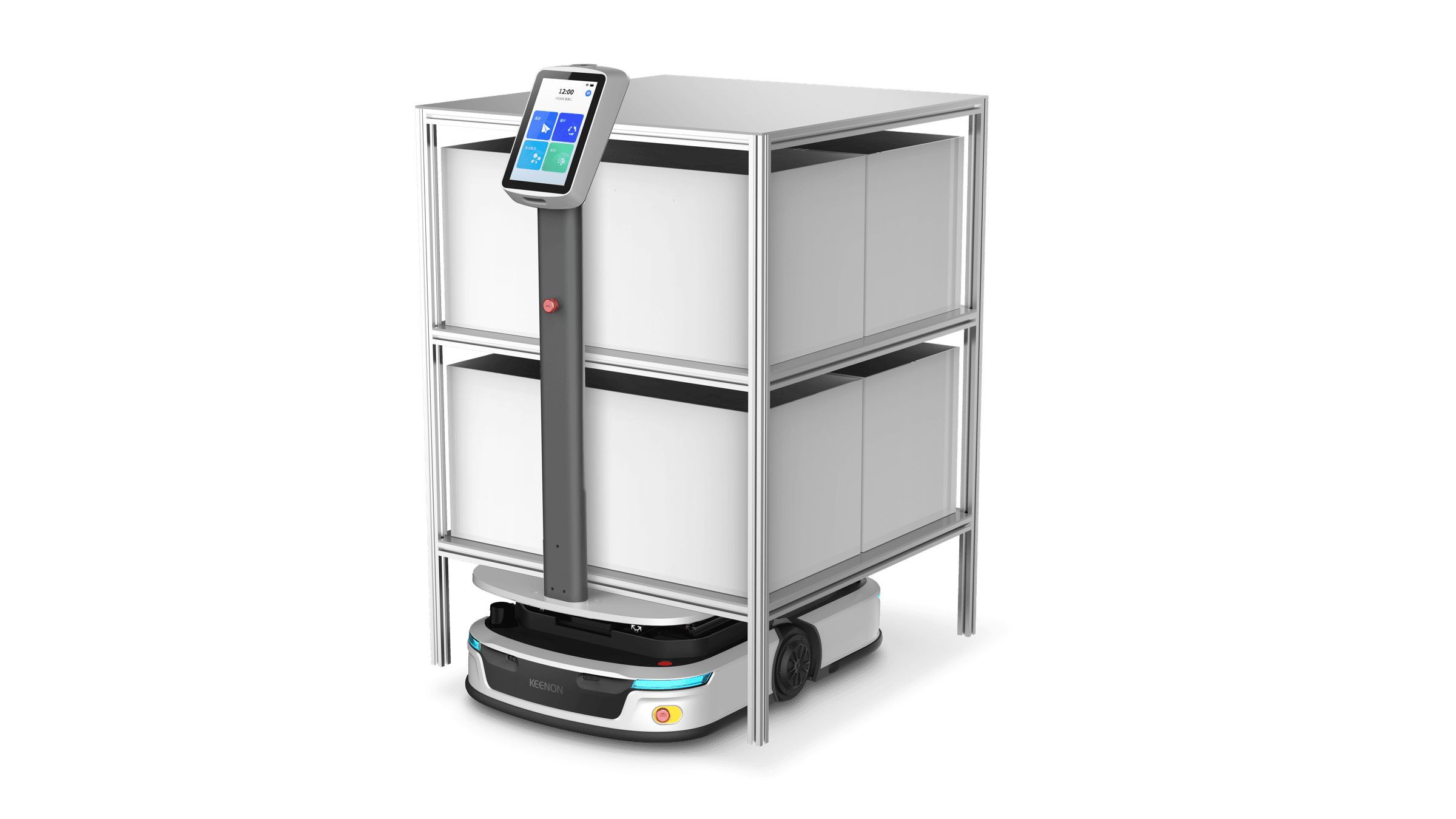 KEENON S-series chassis with enclosed shelving unit — configuration render shared by KEENON's S100 and S300 pages (no model badge)