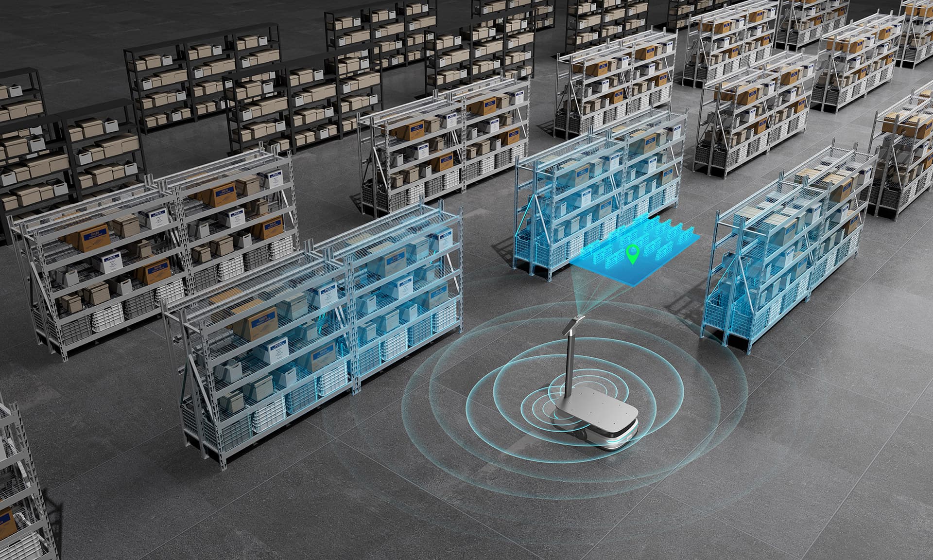 S300 navigating warehouse racks with VSLAM, no tape or QR codes