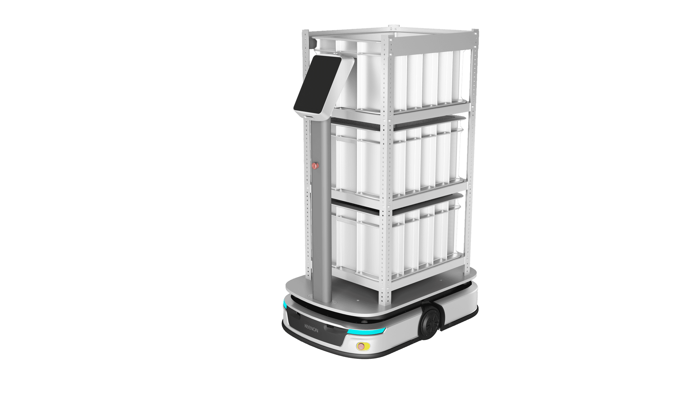 S300 lifting a shelf rack loaded with white storage bins