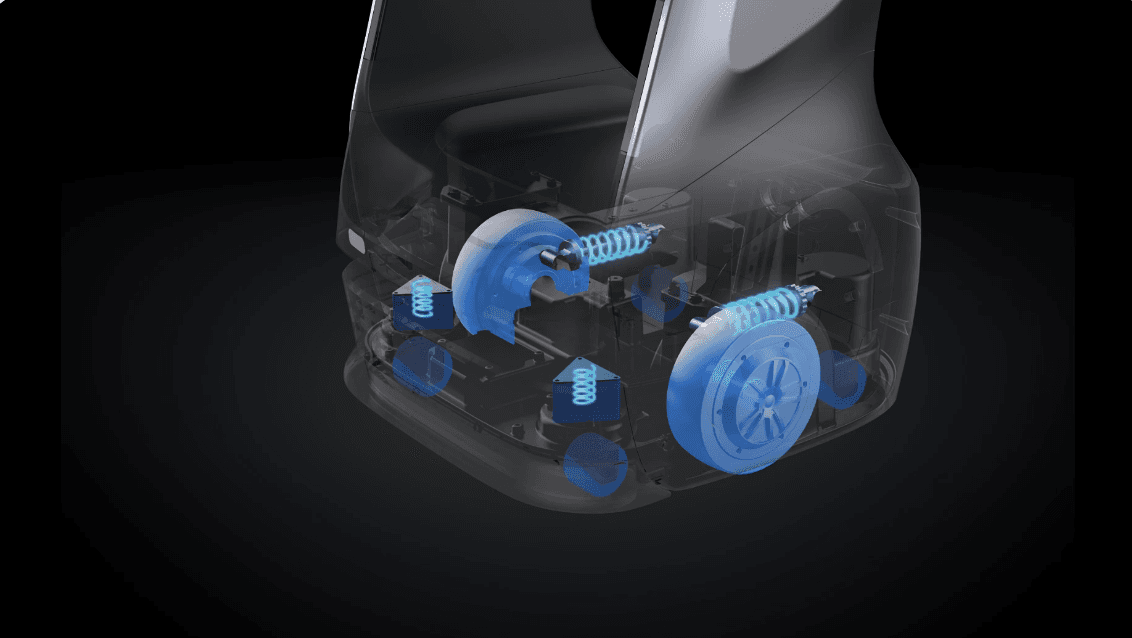 Chassis cutaway showing independent suspension and shock absorbers