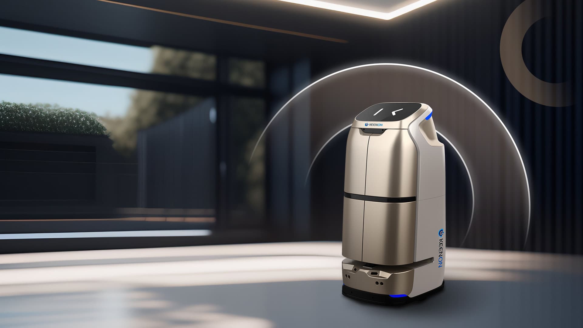 Gold BUTLERBOT W3 standing in a modern building lobby
